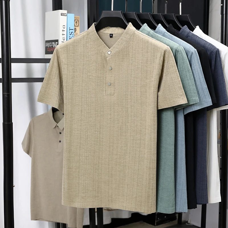 Mens Mandarin Collar Half Plac - đánh giá và giá Linen Shirt Breathable