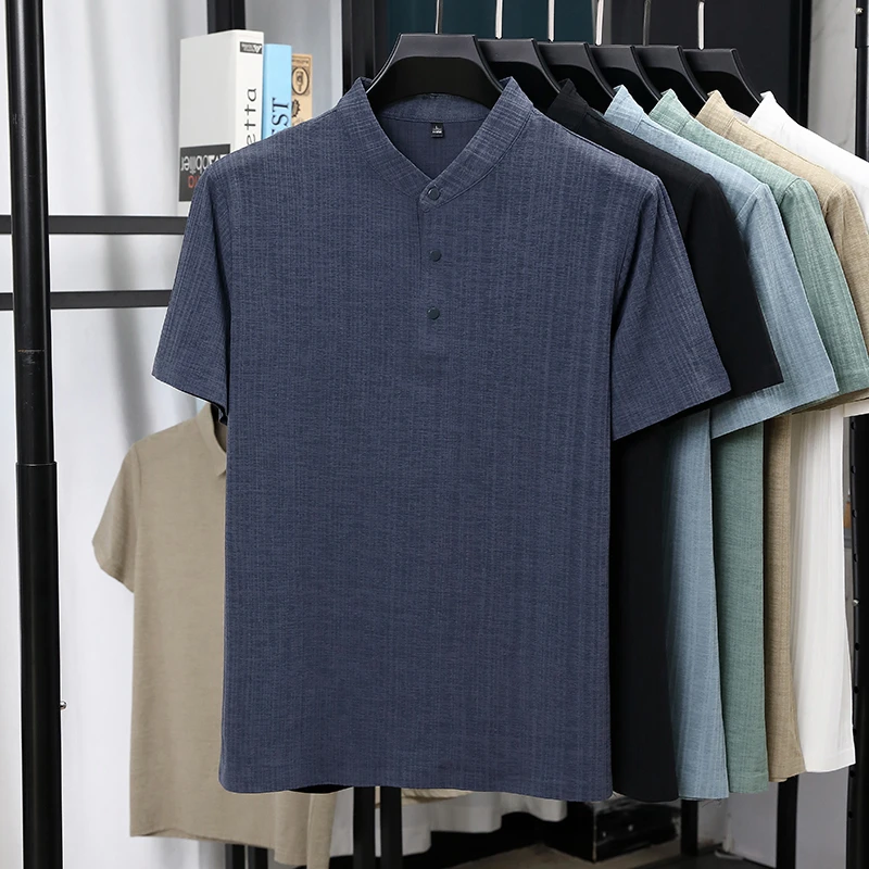 Mens Mandarin Collar Half Plac - đánh giá và giá Linen Shirt Breathable